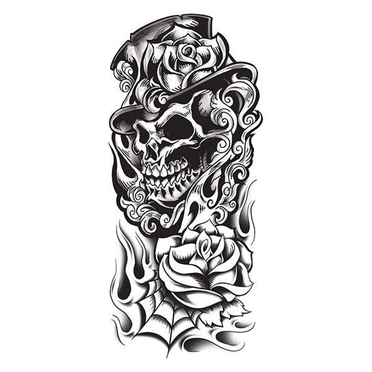 Black skull with cobwebs and roses in realistic tattoo style