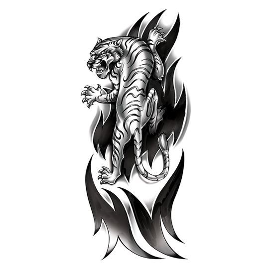 Black and white tiger stalking in tribal flames; temporary tattoo.