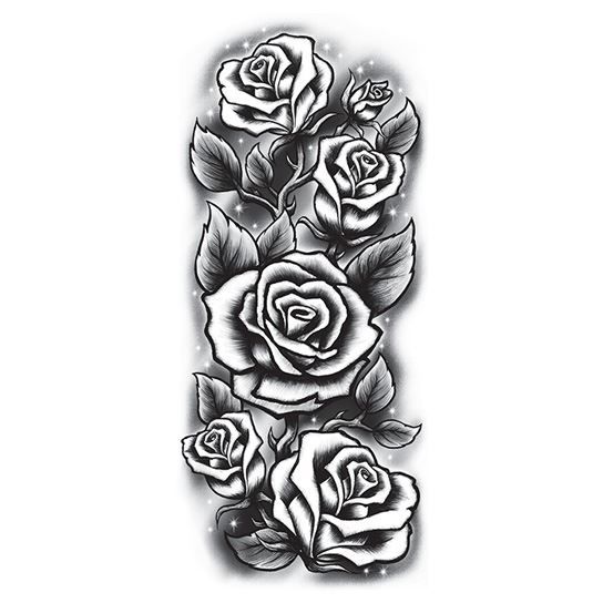 Five black and white roses arranged vertically; temporary tattoo.