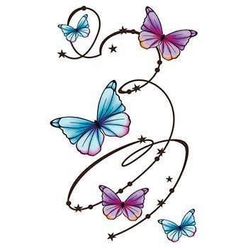 Five blue and purple butterflies with a swirl line pattern giving a flutter fly pattern; temporary tattoo.