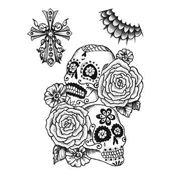 Various day of the dead images in black line drawing; temporary tattoos.