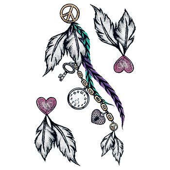 Abstract feathers with hearts, clocks, a key, and peace symbol attached; temporary tattoo.