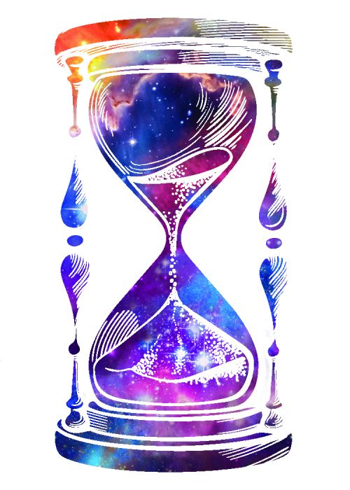 Hourglass with overlay of a picture of a galaxy; temporary tattoo.