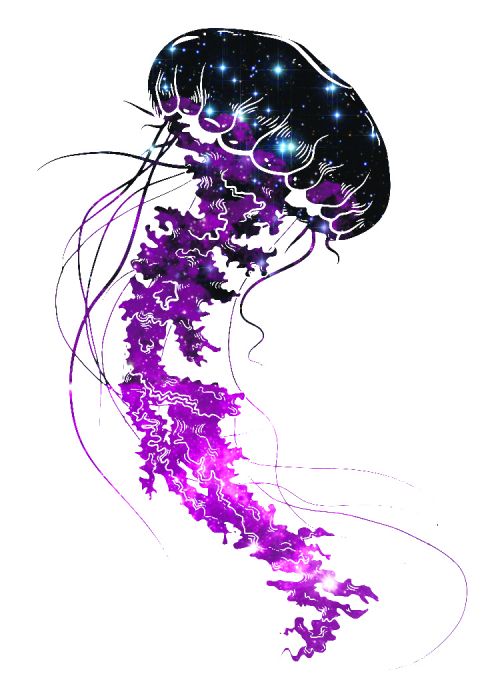 Jellyfish with purple shades and mystical flowing sting following it; temporary tattoo.