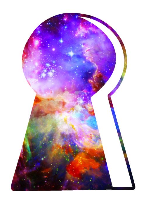 Keyhole shape with a nebula image behind it; temporary tattoo.