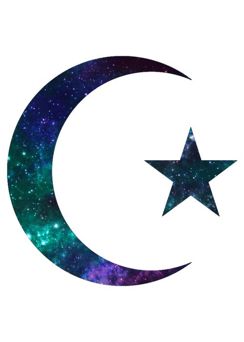 A crescent moon with a star with purple shades and colorful design; temporary tattoo.