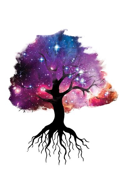 Silhouette of tree and roots with galaxy picture overlayed for leaves; temporary tattoo.