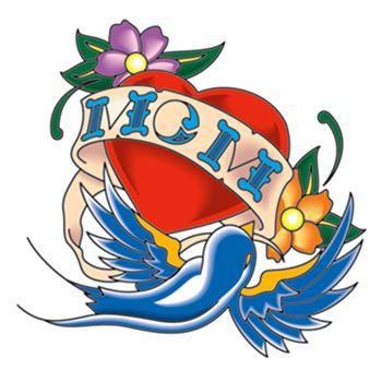 Red heart with blue sparrow and banner that says "MOM"; temporary tattoo.