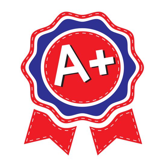A+ on a red and blue temporary tattoo ribbon for children. 