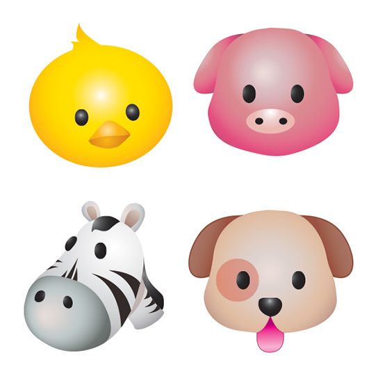 Four cute illustrated animals; a yellow chick, pink pig, striped zebra head, and puppy temporary tattoo