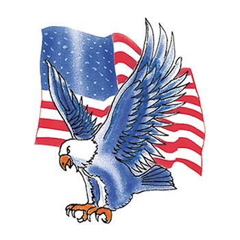 An eagle landing with wings fully spread in front of the American flag temporary tattoo