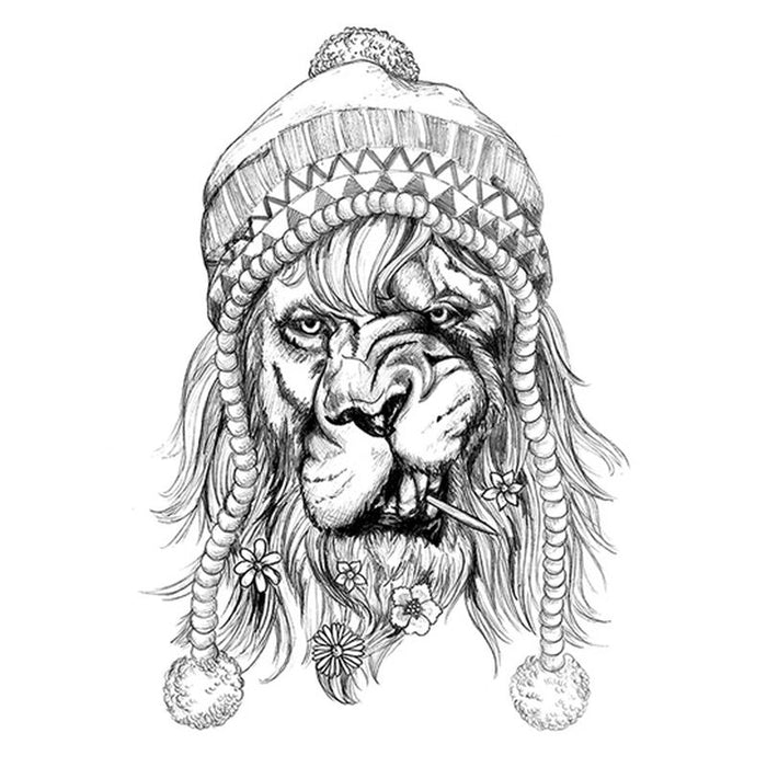 Black Hipster Lion Temporary Tattoo