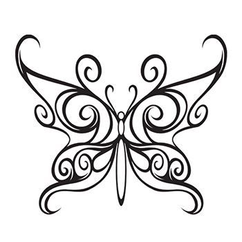 Black line drawing of a butterfly in swirly design; temporary tattoo. 
