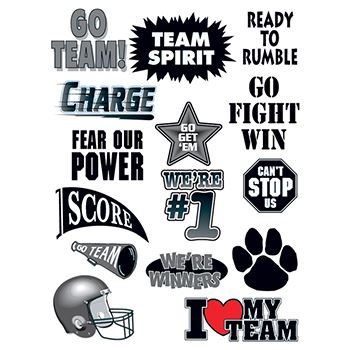 Sheet of 17 black images for rooting on a football team; temporary tattoos.