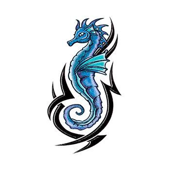 Black and Blue Tribal Glitter Seahorse Temporary Tattoo