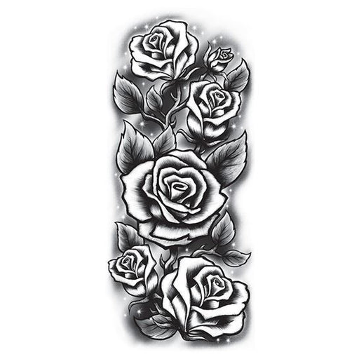 Five black and white roses arranged vertically; temporary tattoo.  