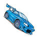 Blue fast car with rear wing and front spoiler in Porsche style; temporary tattoo. 