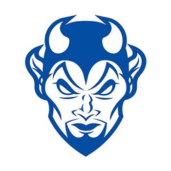 Evil looking blue devil with horns; temporary tattoo. 