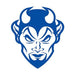 Evil looking blue devil with horns; temporary tattoo. 