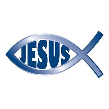 Blue Jesus fish with text "JESUS" inside fish; temporary tattoo. 