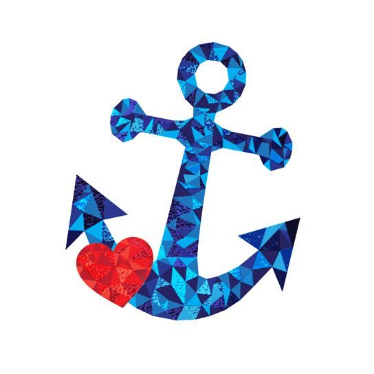 Abstract anchor image made of light and dark blue polygons with a red heart; temporary tattoo. 