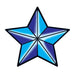 Five pointed blue nautical star with lines radiating out from center; temporary tattoo. 