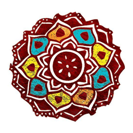 Brown, teal, orange, and yellow mandala symmetrical pattern; temporary tattoo. 
