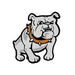 Grey bulldog with studded collar, large under bite, and two large protruding teeth; temporary tattoo. 