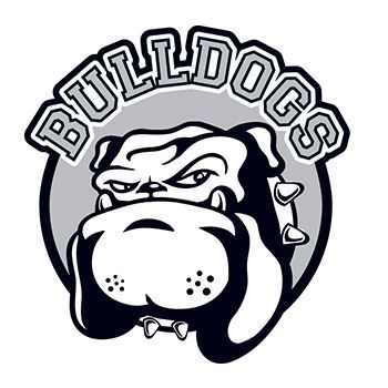 Black and white bulldog with text "BULLDOGS" arched over; temporary tattoo. 