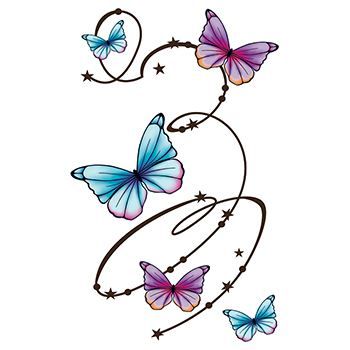 Five blue and purple butterflies with a swirl line pattern giving a flutter fly pattern; temporary tattoo. 