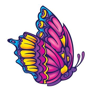 Pink, purple, blue, and yellow bright butterfly in child illustration style; temporary tattoo. 