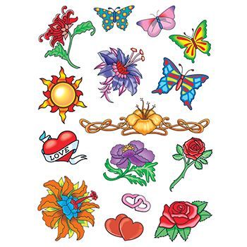 14 summer images; butterflies, roses, hearts, and flowers; temporary tattoos. 
