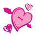 Three hand drawn pink hearts the largest of which has a pink arrow through it; temporary tattoo. 