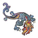 An abstract artsy dragon with colorful scales; temporary tattoo. 