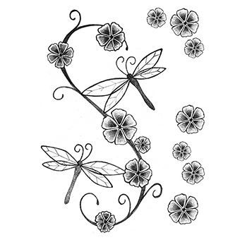 Black line art of flowers and dragon flies in tattoo style; temporary tattoo. 