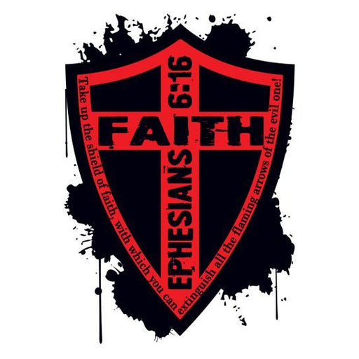Black and red shield that says "FAITH" and "EPHESIANS 6:16"; temporary tattoo. 