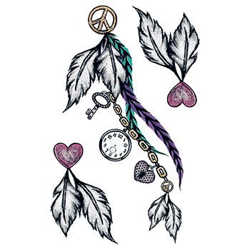 Abstract feathers with hearts, clocks, a key, and peace symbol attached; temporary tattoo. 
