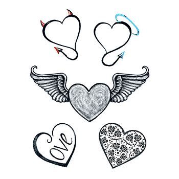 Five black and white hearts with sexy designs; temporary tattoos. 
