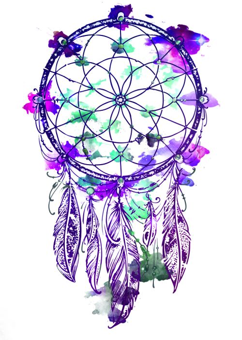 Purple, teal, and blue dream catcher with hanging feathers; temporary tattoo. 