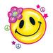 Yellow happy face with peace signs floating around and a flower on it's head; temporary tattoo.