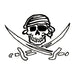 Skull wearing a pirate bandanna with two crossed swords; temporary tattoo. 