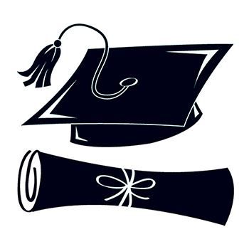 A black graduation cap over a black rolled diploma; temporary tattoos. 