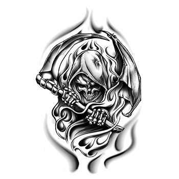 Black and white grim reaper coming out of flames; temporary tattoo. 