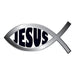 Black and white Jesus fish with text "JESUS" in the middle; temporary tattoo. 