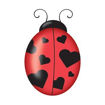 Top view of a lady bug with black spots shaped like hearts; temporary tattoo. 