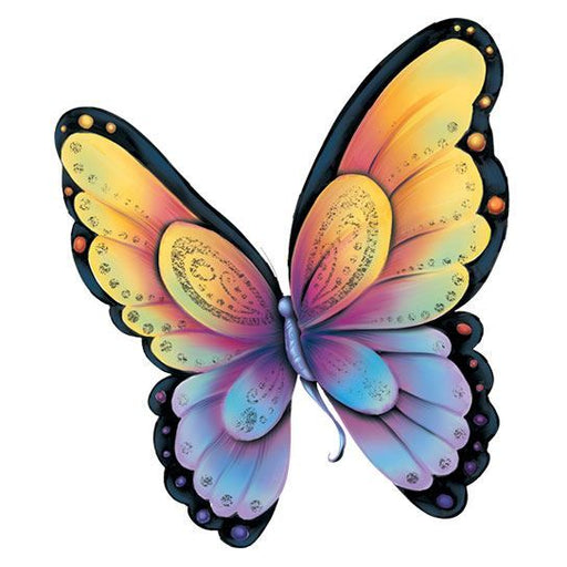 Yellow, orange, purple, and blue butterfly with spots of gold foil; temporary tattoo.
