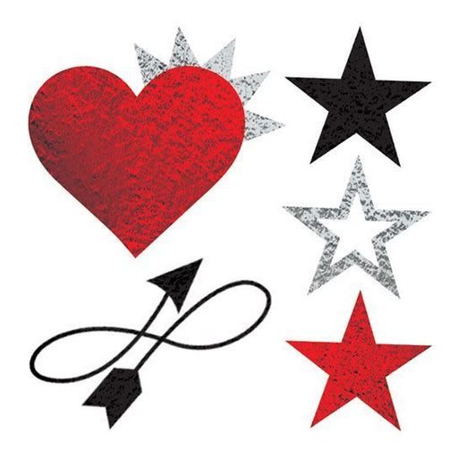 5 metallic temporary tattoos including a red heart, three stars, and a crooked arrow. 