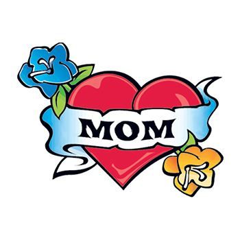 Red heart with blue and yellow flowers and a banner that says "MOM"; temporary tattoo. 