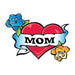 Red heart with blue and yellow flowers and a banner that says "MOM"; temporary tattoo. 
