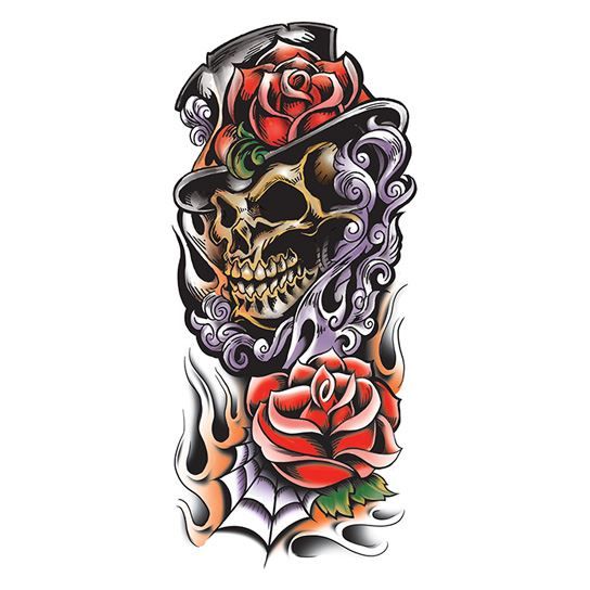 Skull and Roses Sleeve Temporary Tattoo